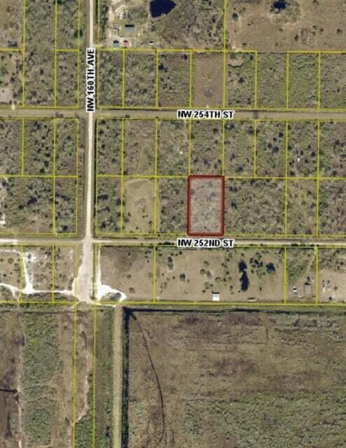 An aerial map view shows a rectangular plot of land outlined in red — 15839 NW 252nd Street, Okeechobee FL 34972, OKEECHOBEE, FL