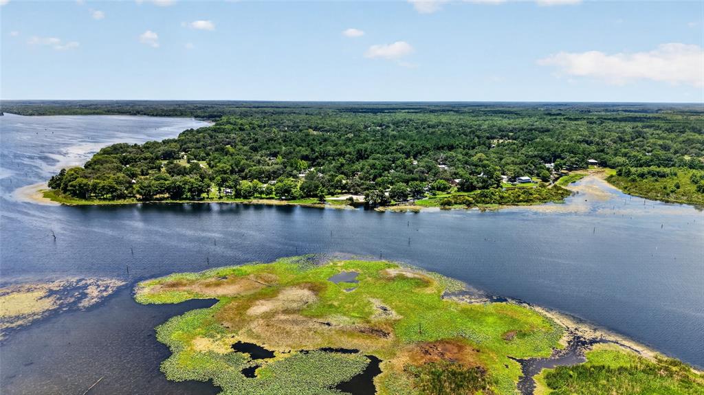 An aerial view shows a lush green peninsula extending into a large, calm lake — 11932 SE 196TH STREET, DUNNELLON, FL