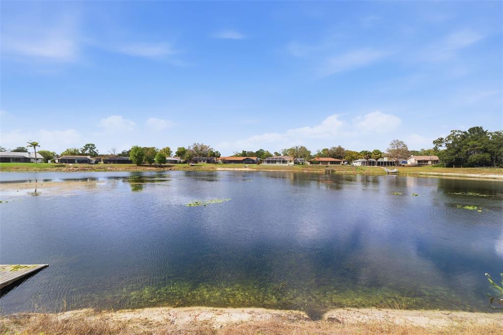 A view of a lake with houses along the far shoreline and a wooden dock — 9151 LINGROVE ROAD, WEEKI WACHEE, FL