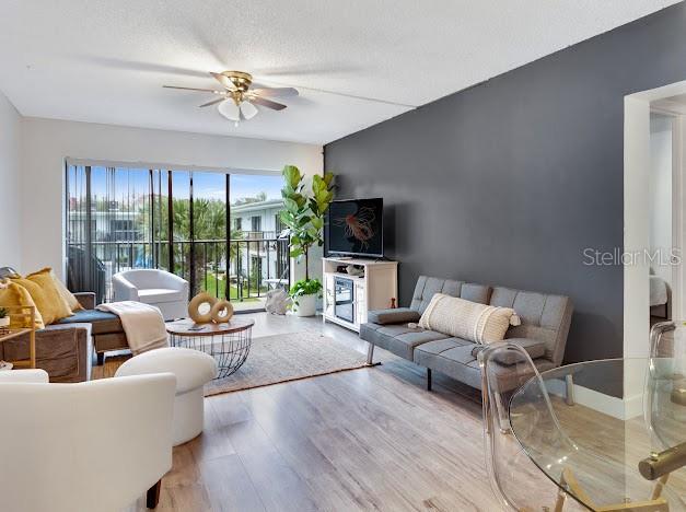 A living room features light wood flooring, a dark accent wall, and a sliding glass door — 1504 VIRGINIA AVENUE UNIT 203, DAYTONA BEACH, FL