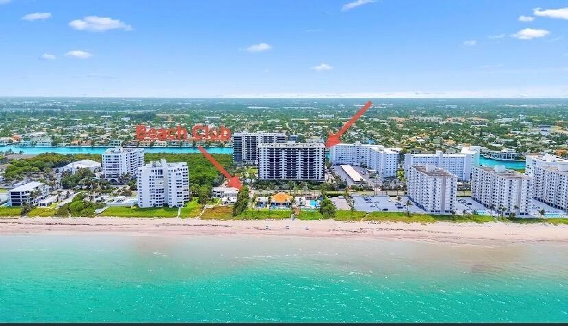 An aerial view shows multiple beachfront high-rise apartment buildings along a sandy coastline — 3400 S Ocean Boulevard, Highland Beach FL 33487, HIGHLAND BEACH, FL