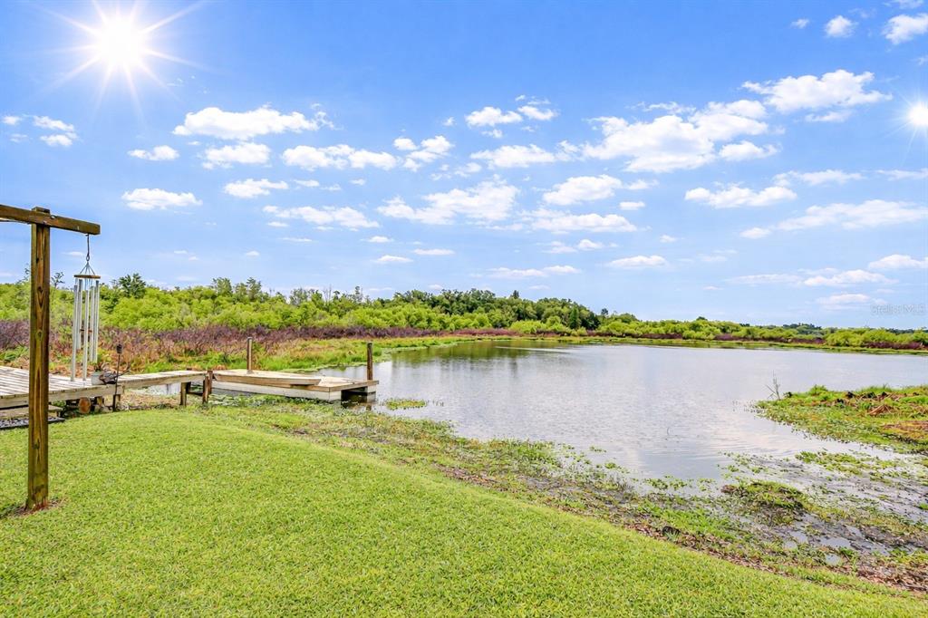 A grassy lawn leads to a wooden dock on a pond under a sunny sky — 1216 BRANDON LAKES AVENUE, VALRICO, FL