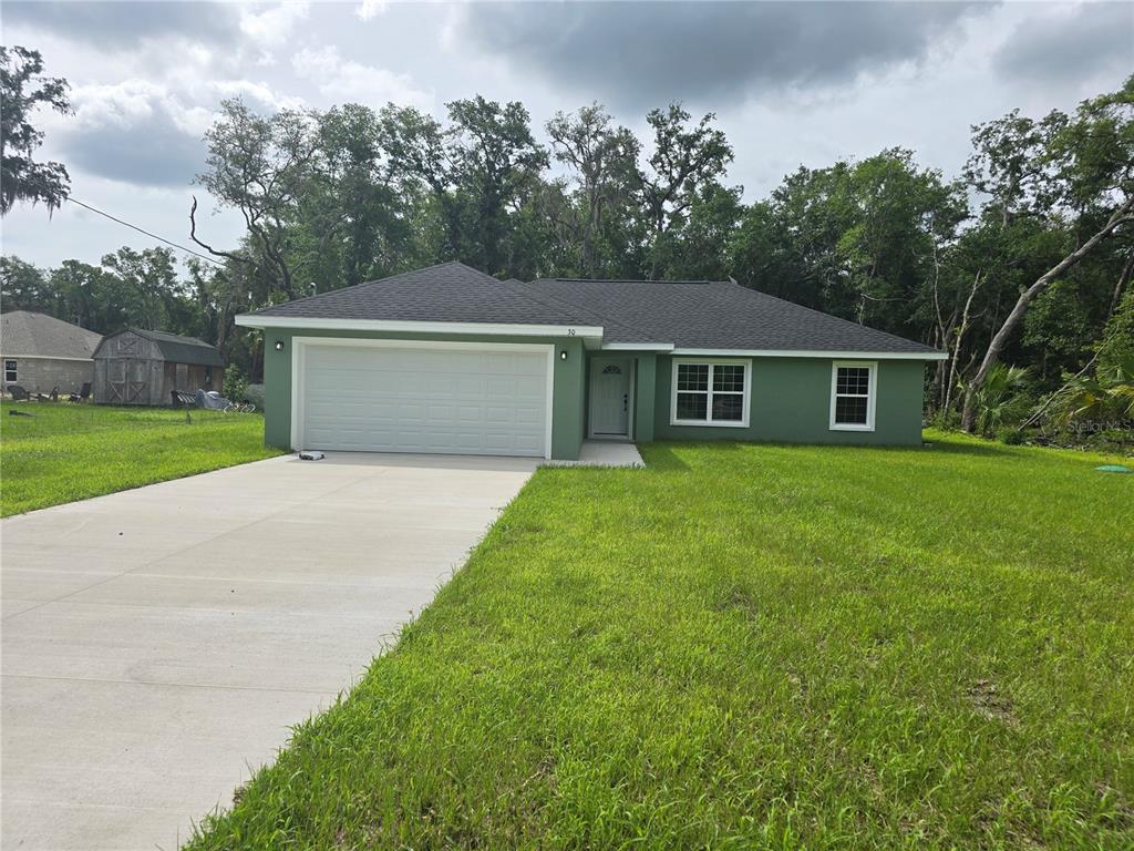 A single-story green house with a two-car garage and a concrete driveway — 30 SEQUOIA DRIVE TRACE, OCKLAWAHA, FL
