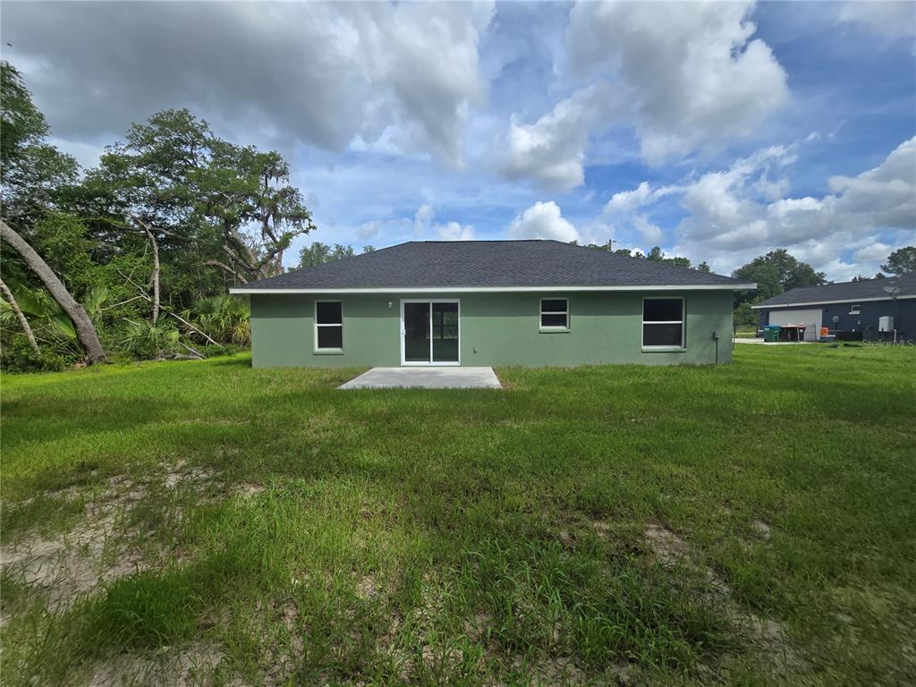 The back exterior of a green, single-story house features a concrete patio and lawn — 30 SEQUOIA DRIVE TRACE, OCKLAWAHA, FL