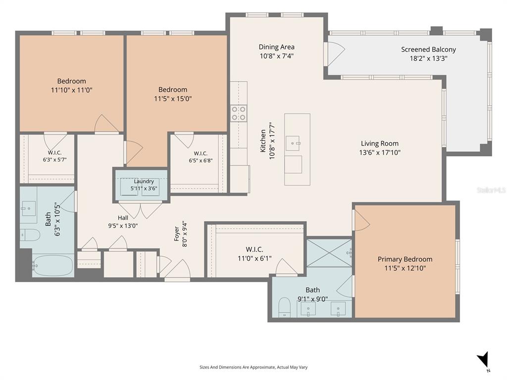 This is a floor plan of a three-bedroom apartment with a screened balcony — 1700 RANCH ROAD UNIT C1A-2201, NOKOMIS, FL