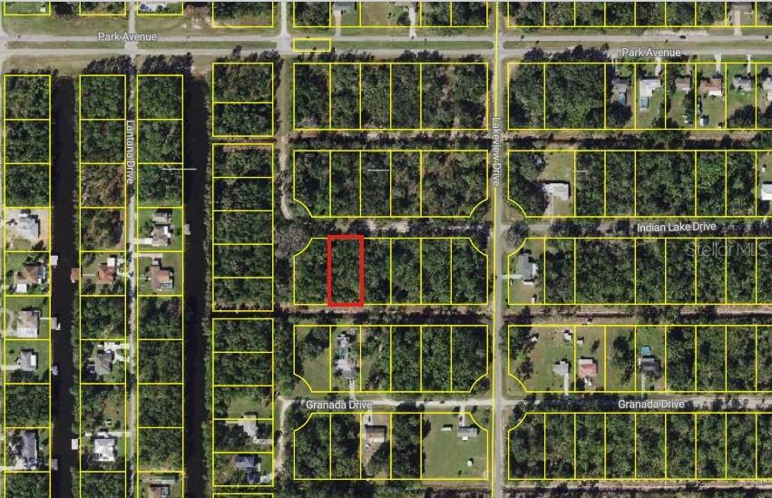 This is an aerial map showing a vacant residential lot outlined in red — 0 INDIAN LAKE DRIVE, INDIAN LAKE ESTATES, FL