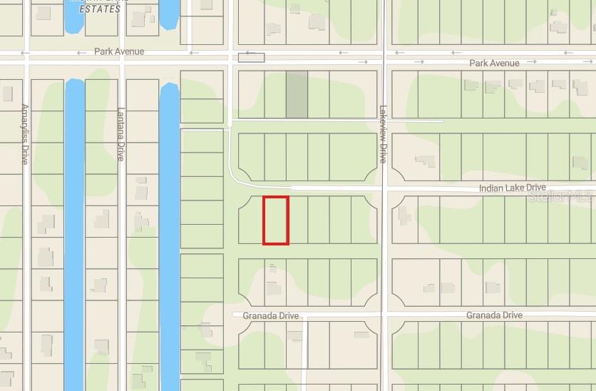 This is a map showing a highlighted rectangular land parcel located between Indian Lake Drive and Granada Drive — 0 INDIAN LAKE DRIVE, INDIAN LAKE ESTATES, FL