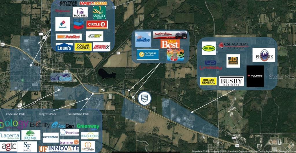 This map shows commercial and industrial businesses located along a highway in Alachua, Florida — TBD HIGHWAY 441, ALACHUA, FL