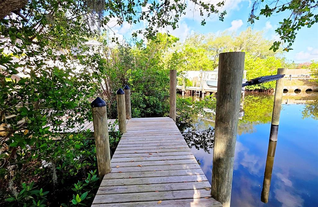 A wooden dock extends over calm water surrounded by lush green trees and foliage — 3017 PINE STREET, BRADENTON, FL