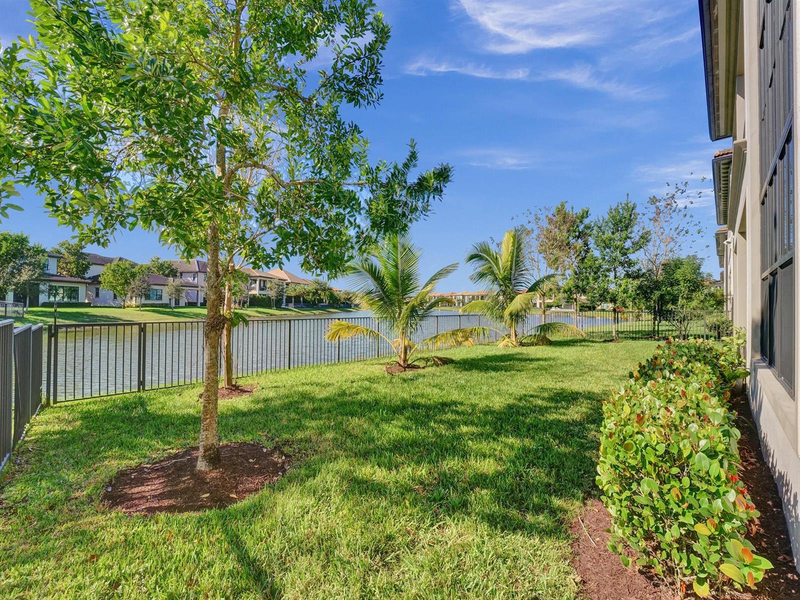 A grassy backyard features a metal fence, palm trees, and a view of a lake — 9345 Carrington Avenue, Parkland FL 33076, PARKLAND, FL