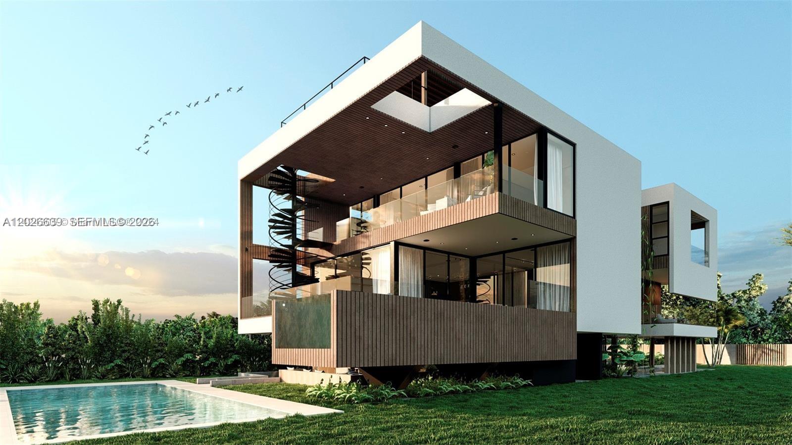This architectural rendering shows a modern multi-story house with a pool and spiral staircase — 7590 Bayside Ln, Miami Beach FL 33141, MIAMI BEACH, FL