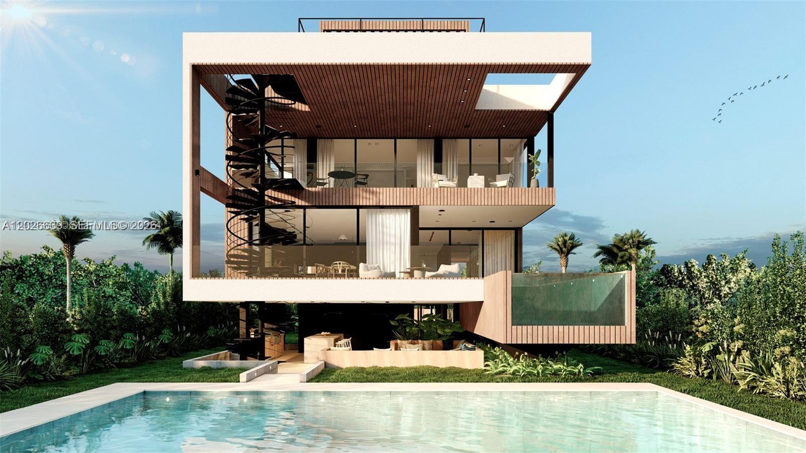 This architectural rendering shows a modern three-story house with a spiral staircase and swimming pool — 7590 Bayside Ln, Miami Beach FL 33141, MIAMI BEACH, FL