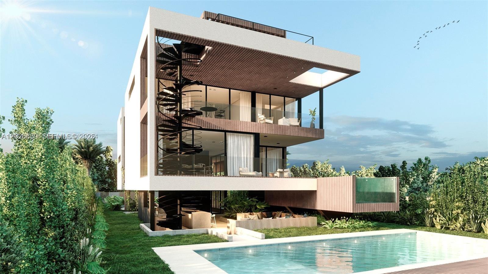 This architectural rendering shows a modern three-story house with a spiral staircase and pool — 7590 Bayside Ln, Miami Beach FL 33141, MIAMI BEACH, FL