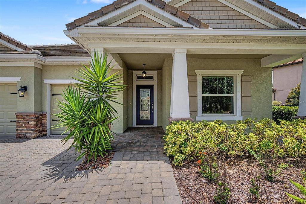 The exterior of a house features a paved walkway, a front door, and landscaping — 11882 FROST ASTER DRIVE, RIVERVIEW, FL