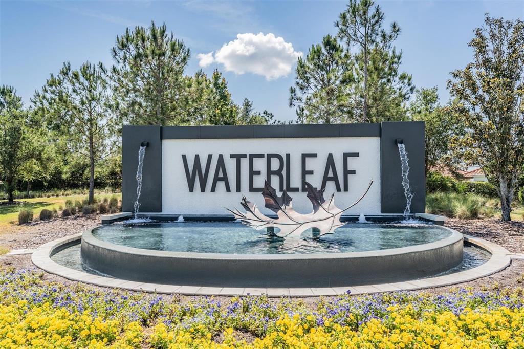 A modern Waterleaf community entrance sign features a central water feature with a leaf sculpture — 11882 FROST ASTER DRIVE, RIVERVIEW, FL