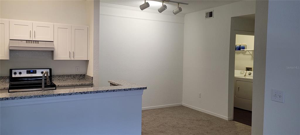 A kitchen with white cabinets and granite countertops opens to a carpeted dining area — 17104 CARRINGTON PARK DRIVE UNIT 513, TAMPA, FL
