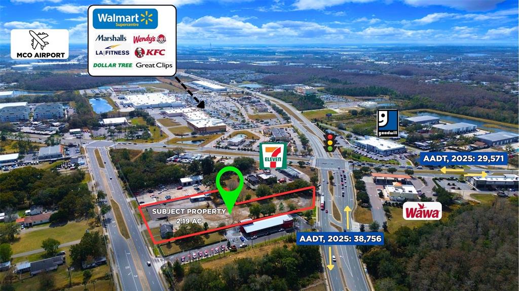 An aerial map shows a 2.19-acre subject property highlighted in red near various commercial businesses — 4604 OLD GOLDENROD ROAD, ORLANDO, FL