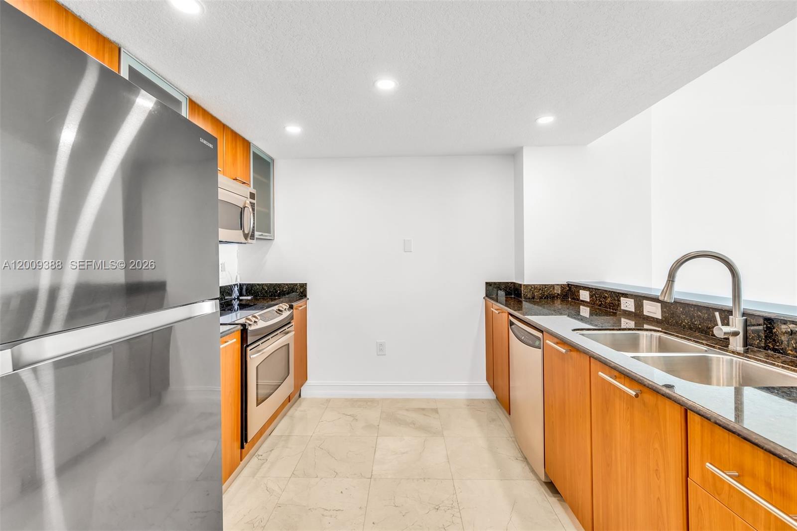 A galley-style kitchen features wood cabinets, stainless steel appliances, and dark granite countertops — 1800 N Bayshore Dr # 4208, Miami FL 33132, MIAMI, FL