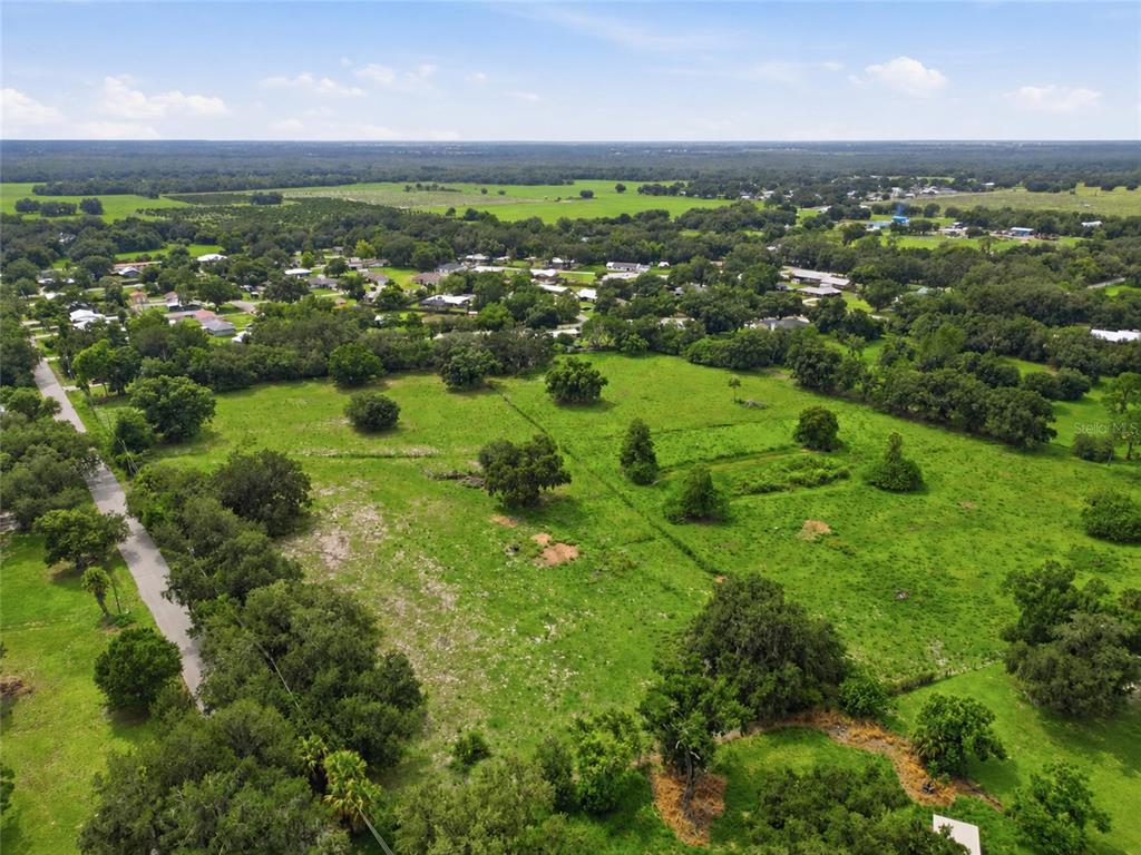 An aerial view shows a large, grassy, tree-dotted lot adjacent to a paved road — 1823 NE HAMMOCK STREET, ARCADIA, FL