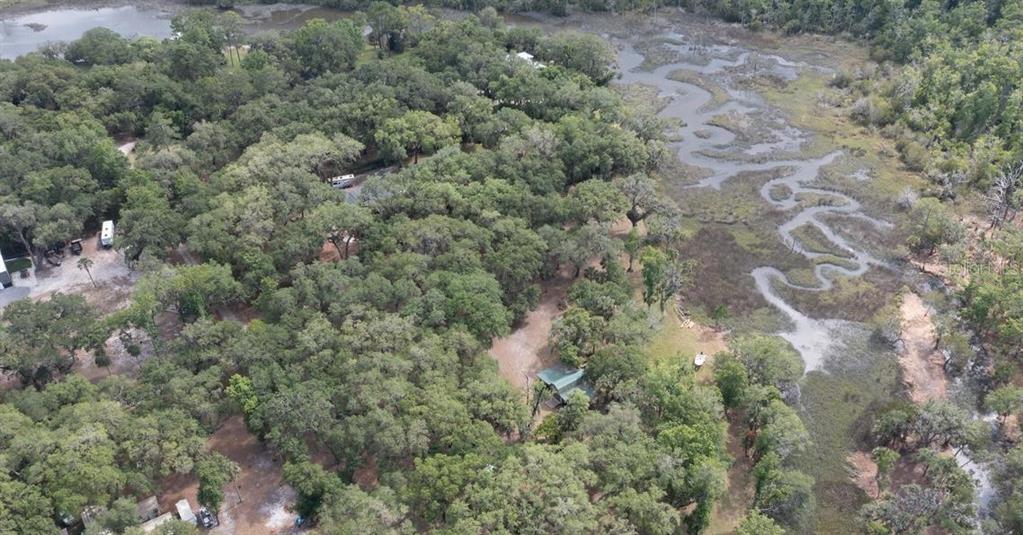 An aerial view shows a wooded property with a small house adjacent to a marsh — 7149 FITZPATRICK LANE, JACKSONVILLE, FL
