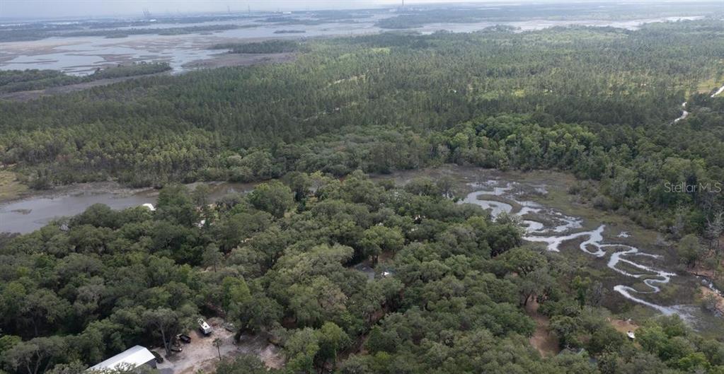 An aerial view shows a wooded property with a small house and a tidal creek — 7149 FITZPATRICK LANE, JACKSONVILLE, FL