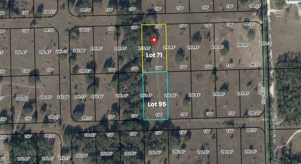This is a map showing two adjacent rectangular land parcels labeled Lot 71 and Lot 95 — OFF NW CR 138 Lot 71, BRANFORD, FL