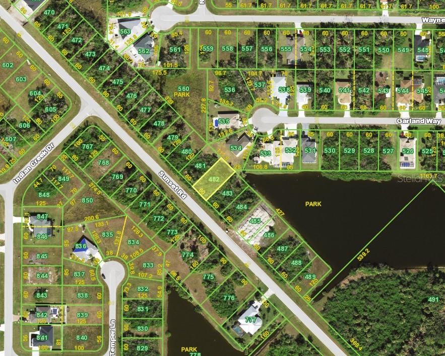 This is a satellite map showing residential lots, streets, and a park area — 315 SUNSET ROAD, ROTONDA WEST, FL