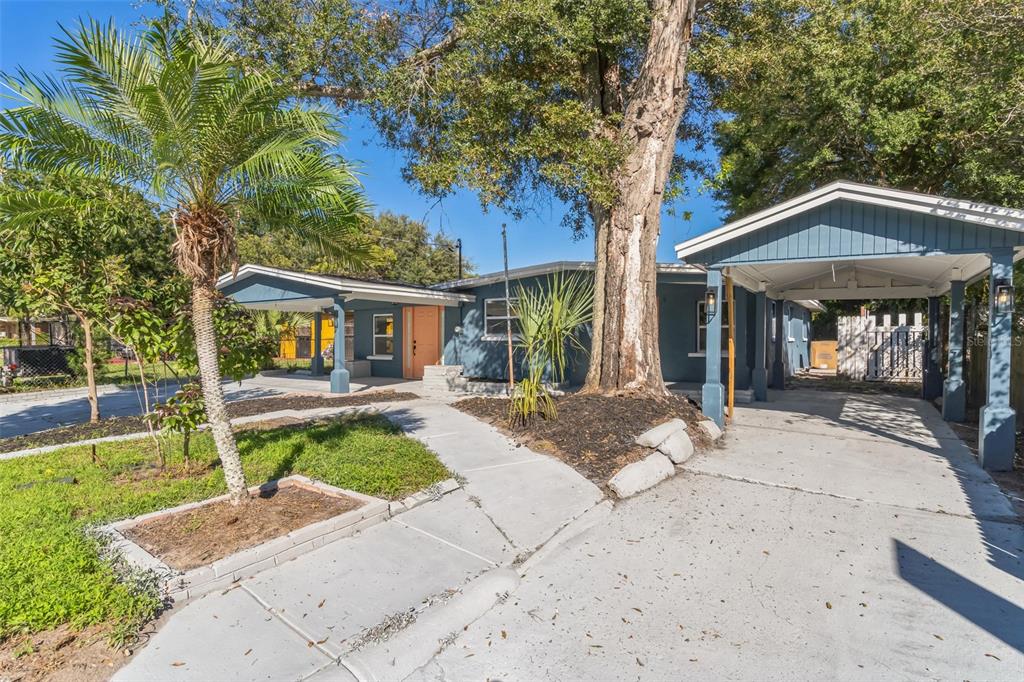 A blue single-story house with a carport, a palm tree, and a concrete walkway — 5210 S 84TH STREET, TAMPA, FL