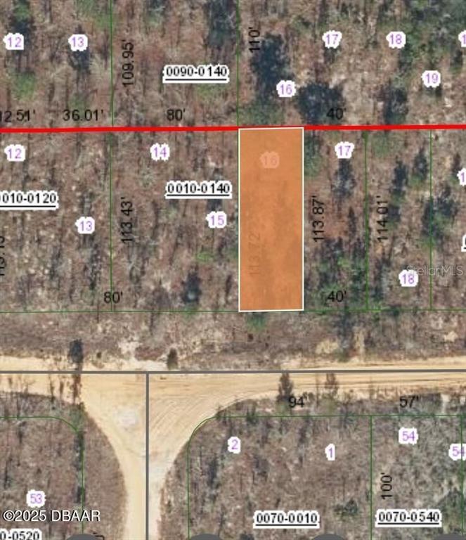 This is a map showing a highlighted rectangular land parcel labeled 16 among surrounding lots — 156 1ST AVENUE, INTERLACHEN, FL