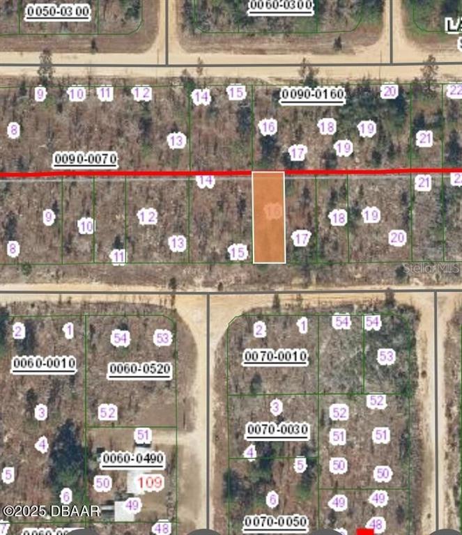 This is an aerial map showing a highlighted rectangular land parcel among other numbered lots — 156 1ST AVENUE, INTERLACHEN, FL