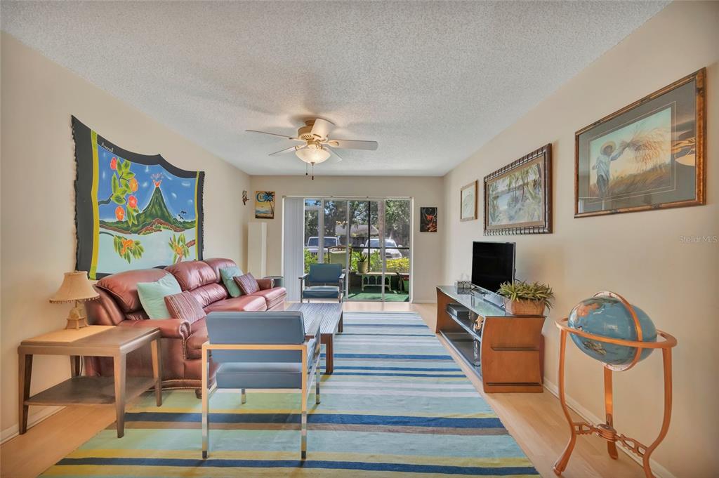 A living room features a leather sofa, a striped area rug, and a globe stand — 3221 BENEVA ROAD UNIT 102, SARASOTA, FL
