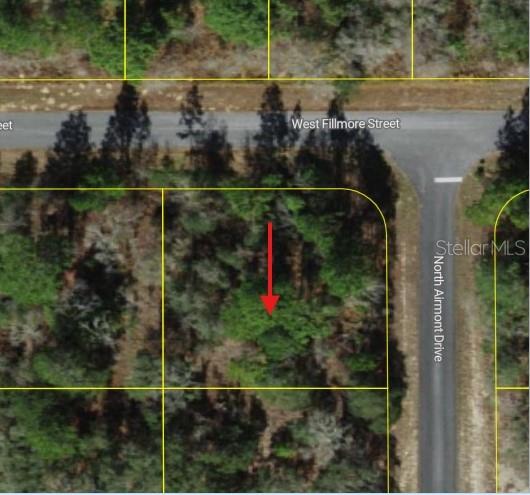 This is an aerial map showing a vacant, wooded residential lot near a street intersection — 6714 N AIRMONT DRIVE, DUNNELLON, FL