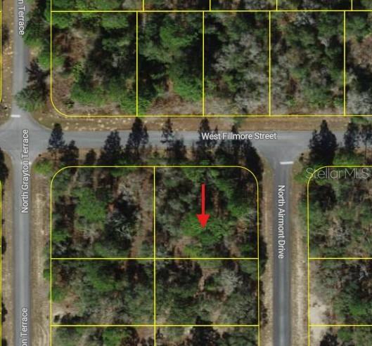 An aerial map view shows a vacant, wooded lot outlined in yellow near a street intersection — 6714 N AIRMONT DRIVE, DUNNELLON, FL