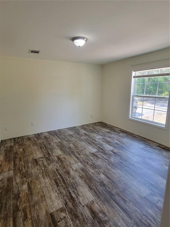 An empty room features light-colored walls, a single ceiling light, and wood-look plank flooring — 2435 MYER AVENUE, LEESBURG, FL