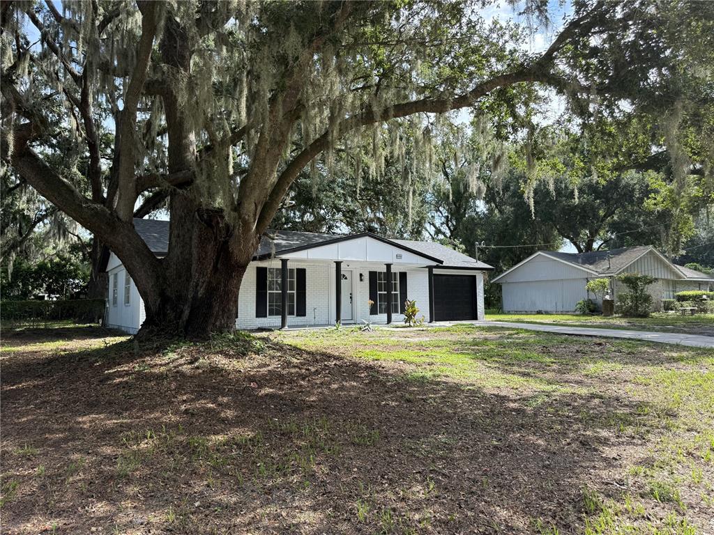 A white brick house with black shutters and a garage sits under a large oak tree — 3008 OAKVIEW LANE, PLANT CITY, FL