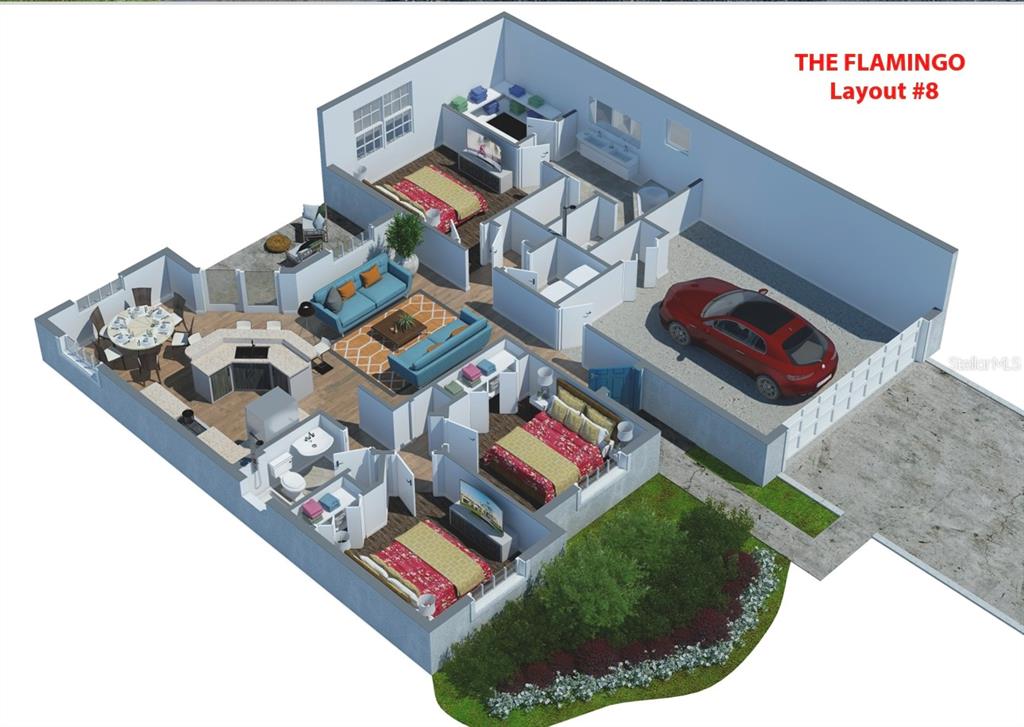 This 3D floor plan rendering shows a three-bedroom home with an open-concept living area — 5987 TEAL TRAIL, LAKELAND, FL