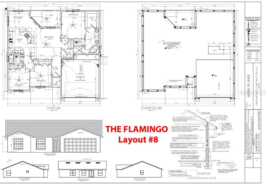 This is a floor plan and elevation rendering for a residential house model named The Flamingo — 5987 TEAL TRAIL, LAKELAND, FL