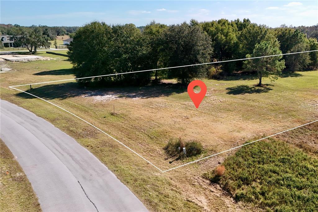 An aerial view shows a vacant, grassy residential lot bordered by a road and trees — GREENGROVE BOULEVARD, CLERMONT, FL