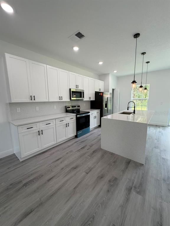A modern kitchen features white cabinets, a large island, stainless steel appliances, and wood-look flooring — 5978 SW 154TH LANE ROAD, OCALA, FL
