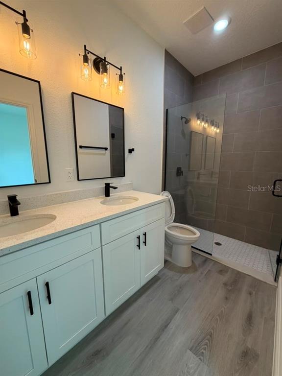 A bathroom features a double vanity with light blue cabinets, a walk-in shower, and gray flooring — 5978 SW 154TH LANE ROAD, OCALA, FL