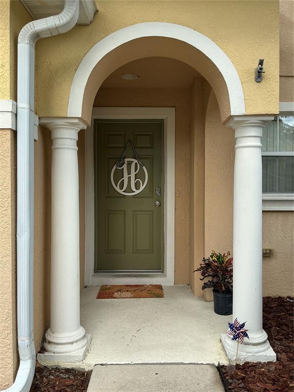 The exterior entrance features a covered porch with two white columns and a green door — 5308 ALOHA SEED DRIVE, SEFFNER, FL