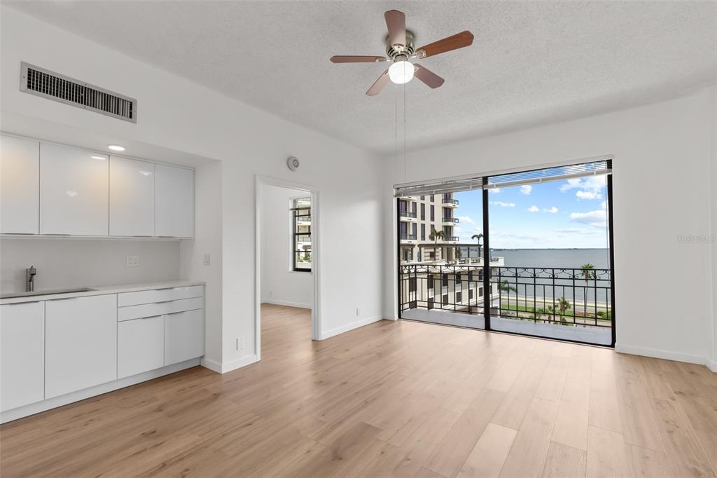 A bright room with white cabinets, light wood floors, a ceiling fan, and a balcony view — 2109 BAYSHORE BOULEVARD UNIT 503, TAMPA, FL