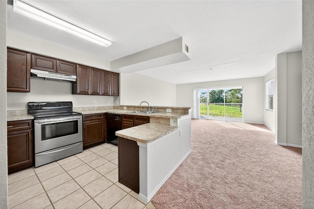 A kitchen with dark wood cabinets and stainless steel appliances opens to a carpeted living area — 13917 FAIRWAY ISLAND DRIVE UNIT 928, ORLANDO, FL