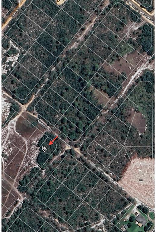 This is an aerial map showing a wooded residential lot marked with a red arrow — 1214 SANDLEWOOD STREET, LAKE PLACID, FL