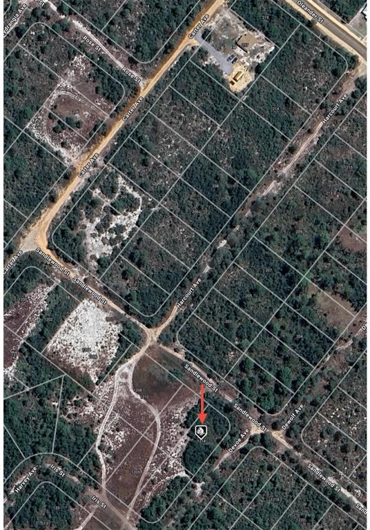 An aerial map view showing a vacant lot marked with a pin near Sandlewood Street — 1214 SANDLEWOOD STREET, LAKE PLACID, FL