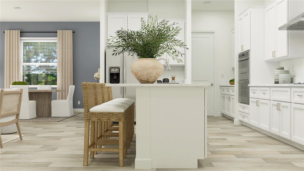 This is a rendering of a kitchen featuring white cabinets, a central island, and stools — 9091 MINNOW RAY DRIVE, LAND O LAKES, FL