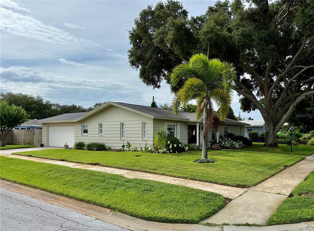 A single-story house with light siding, a two-car garage, and a palm tree in front — 1853 PARADISE LANE, CLEARWATER, FL