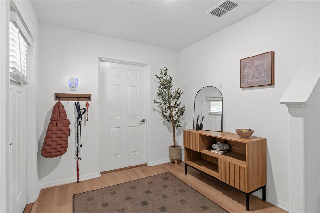 An entryway features light wood flooring, a white door, a wooden console table, and decor — 4720 TUSCAN LOON DRIVE, TAMPA, FL
