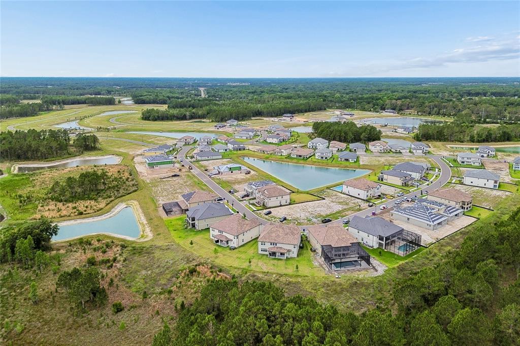 An aerial view shows a suburban neighborhood with houses surrounding a central retention pond — 1724 RIVULET WAY, ZEPHYRHILLS, FL