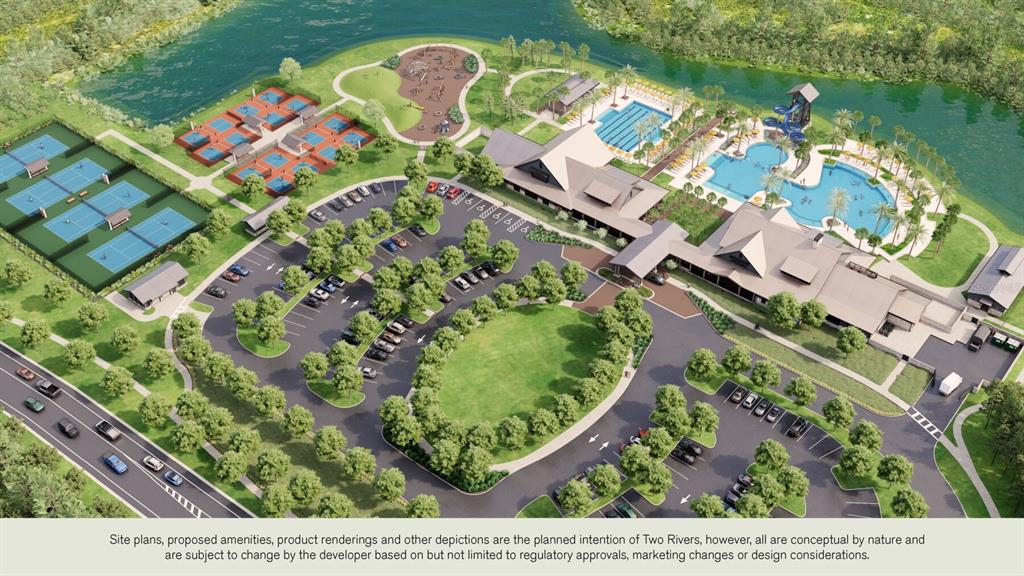 An aerial rendering shows a community amenity center with pools, tennis courts, and parking lots — 1724 RIVULET WAY, ZEPHYRHILLS, FL